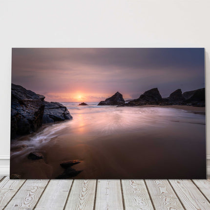 Bedruthan Steps at sunset, North Cornwall. Silhouetted Sea stacks. Canvas Print.