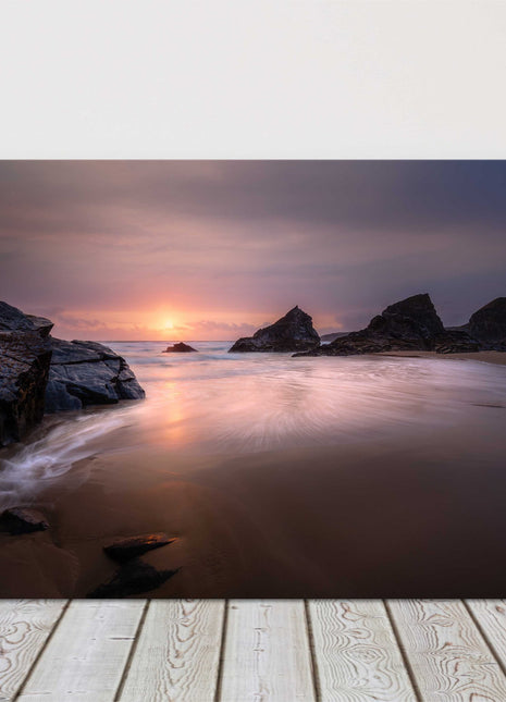 Bedruthan Steps at sunset, North Cornwall. Silhouetted Sea stacks. Canvas Print.