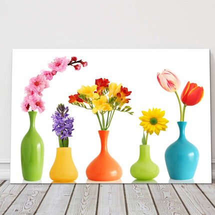Spring Flowers in Vases, on white background, printed canvas picture print
