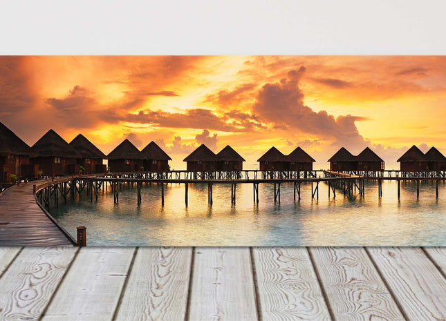 Tropical sunset canvas picture print. Sunset over water villas. Canvas picture.