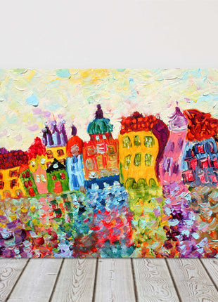 Funny Houses, colourful oil painting, printed canvas picture print