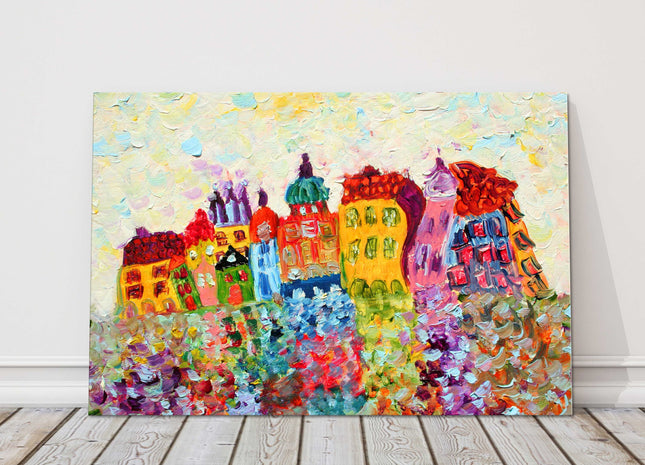 Funny Houses, colourful oil painting, printed canvas picture print