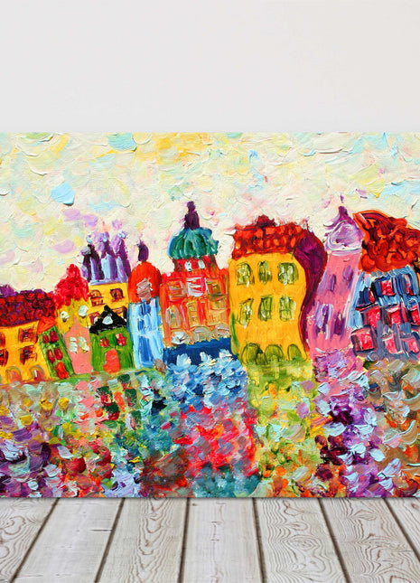 Funny Houses, colourful oil painting, printed canvas picture print