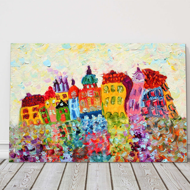Funny Houses, colourful oil painting, printed canvas picture print