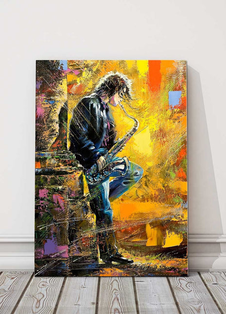 Musician playing a Saxophone. Printed canvas picture print.