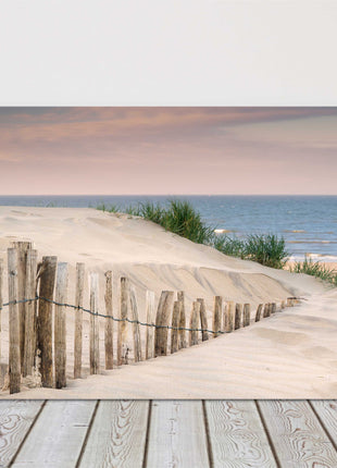 Grassy sand dunes, at sunrise. Canvas picture print beach scene
