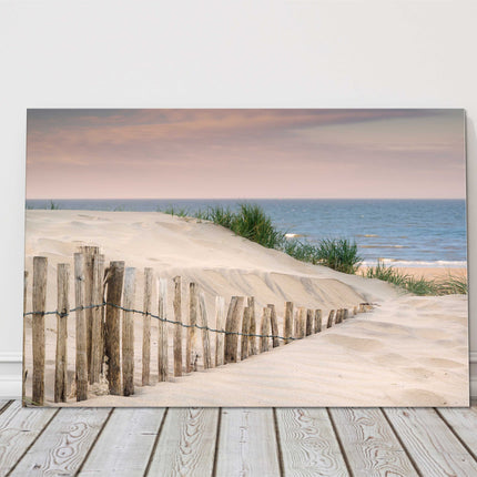 Grassy sand dunes, at sunrise. Canvas picture print beach scene