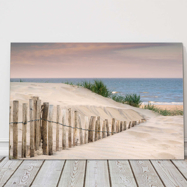 Grassy sand dunes, at sunrise. Canvas picture print beach scene