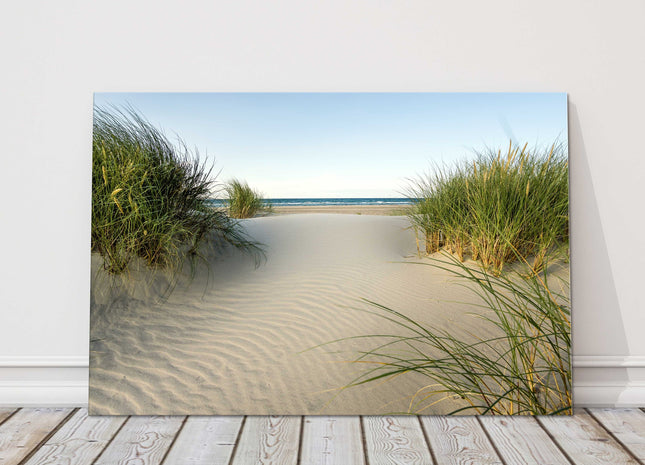 Beach view from the sand dunes. Canvas picture Print. beach seascape.