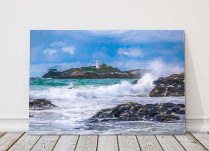 Godrevy lighthouse painting near St Ives Cornwall. Canvas picture print stormy