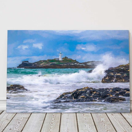 Godrevy lighthouse painting near St Ives Cornwall. Canvas picture print stormy