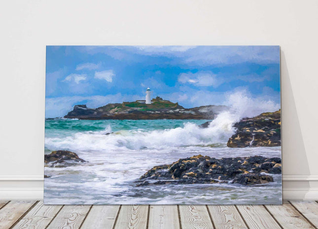 Godrevy lighthouse painting near St Ives Cornwall. Canvas picture print stormy