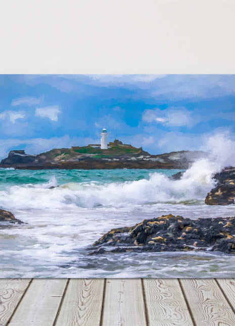 Godrevy lighthouse painting near St Ives Cornwall. Canvas picture print stormy