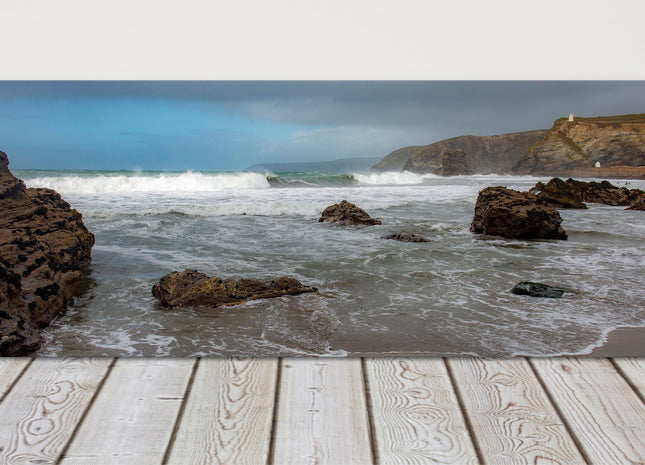 Portreath beach, Cornwall. Panoramic canvas picture print. Storm.