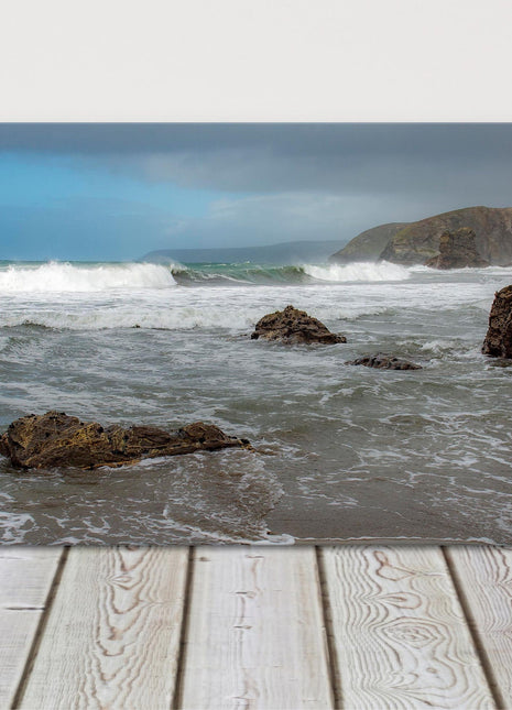Portreath beach, Cornwall. Panoramic canvas picture print. Storm.