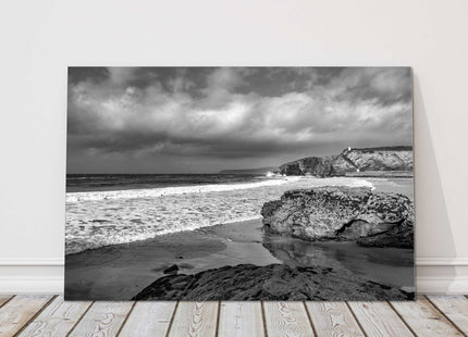 Portreath, Cornwall, Black and white image, storm Seascape. Canvas picture print
