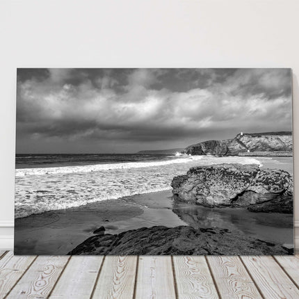 Portreath, Cornwall, Black and white image, storm Seascape. Canvas picture print