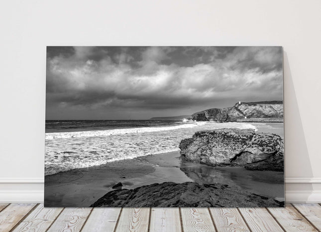 Portreath, Cornwall, Black and white image, storm Seascape. Canvas picture print