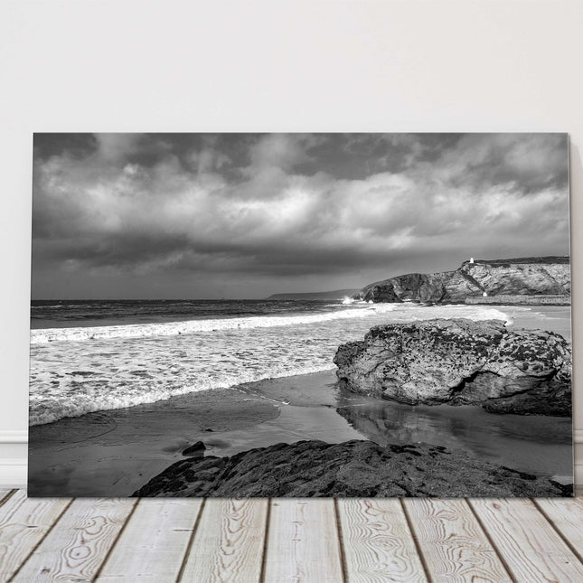 Portreath, Cornwall, Black and white image, storm Seascape. Canvas picture print