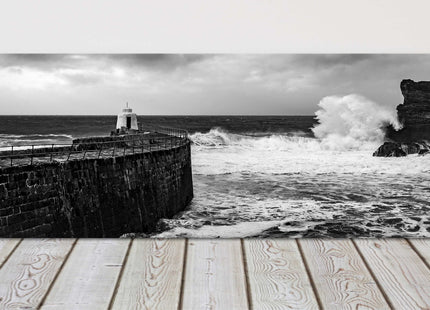 Portreath Harbour, Cornwall. Panoramic, Black and white canvas picture print.