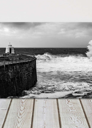Portreath Harbour, Cornwall. Panoramic, Black and white canvas picture print.