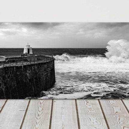 Portreath Harbour, Cornwall. Panoramic, Black and white canvas picture print.