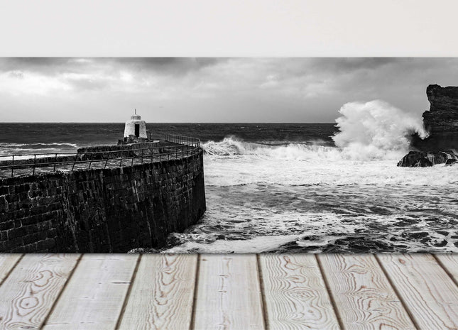Portreath Harbour, Cornwall. Panoramic, Black and white canvas picture print.