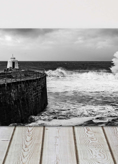 Portreath Harbour, Cornwall. Panoramic, Black and white canvas picture print.