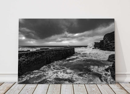 Portreath beach storm black and white landscape canvas picture print