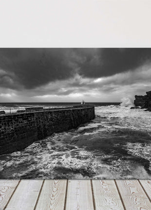 Portreath beach storm black and white landscape canvas picture print