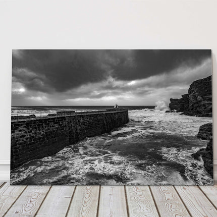 Portreath beach storm black and white landscape canvas picture print