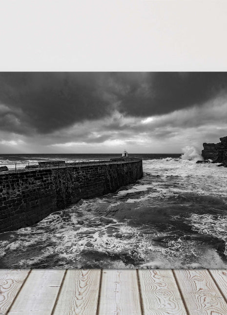 Portreath beach storm black and white landscape canvas picture print