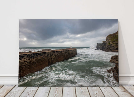 Portreath Harbour, Cornwall. Stormy seas. Canvas picture print.