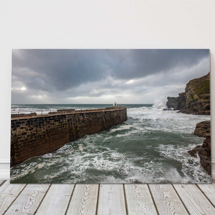 Portreath Harbour, Cornwall. Stormy seas. Canvas picture print.