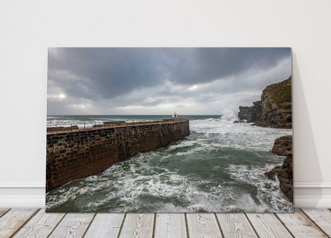 Portreath Harbour, Cornwall. Stormy seas. Canvas picture print.