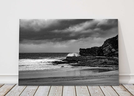 Portreath Harbour Cornwall b&w stormy day, seascape canvas picture landscape