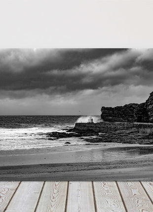 Portreath Harbour Cornwall b&w stormy day, seascape canvas picture landscape