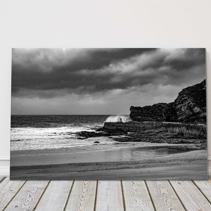 Portreath Harbour Cornwall b&w stormy day, seascape canvas picture landscape