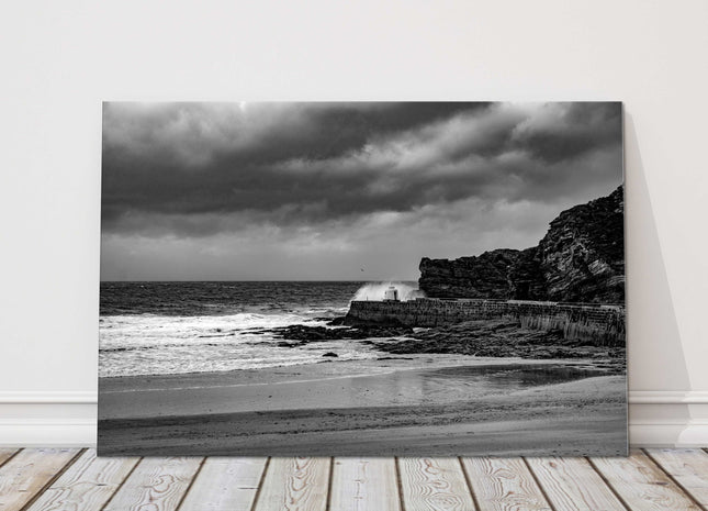 Portreath Harbour Cornwall b&w stormy day, seascape canvas picture landscape