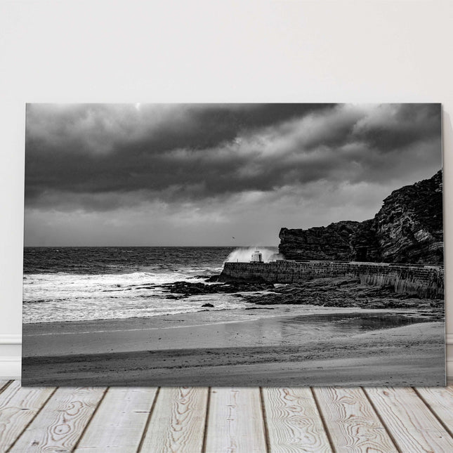 Portreath Harbour Cornwall b&w stormy day, seascape canvas picture landscape