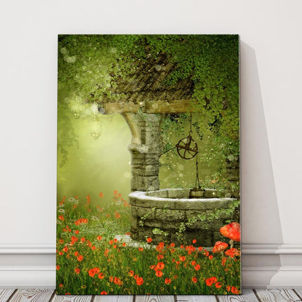 Old well in a meadow and poppy field canvas picture print