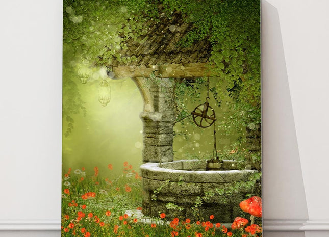 Old well in a meadow and poppy field canvas picture print
