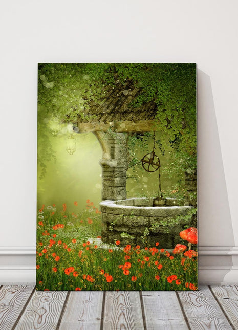 Old well in a meadow and poppy field canvas picture print