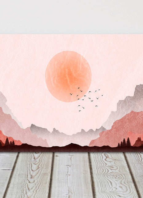 Mountain landscape illustration with moon setting over the valley canvas
