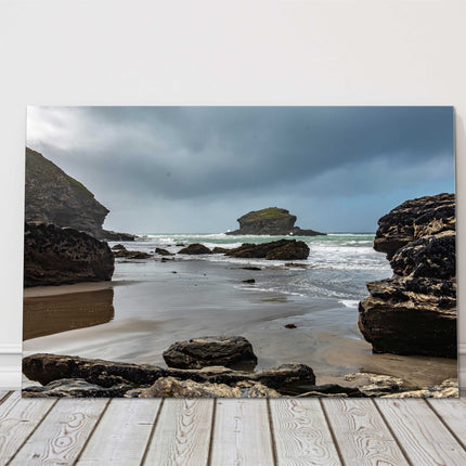 Portreath beach on a stormy day. Canvas picture print