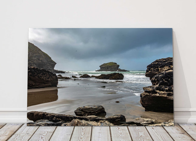 Portreath beach on a stormy day. Canvas picture print