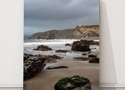 Portreath Beach and harbour storm portrait canvas picture print cornwall