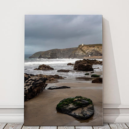 Portreath Beach and harbour storm portrait canvas picture print cornwall