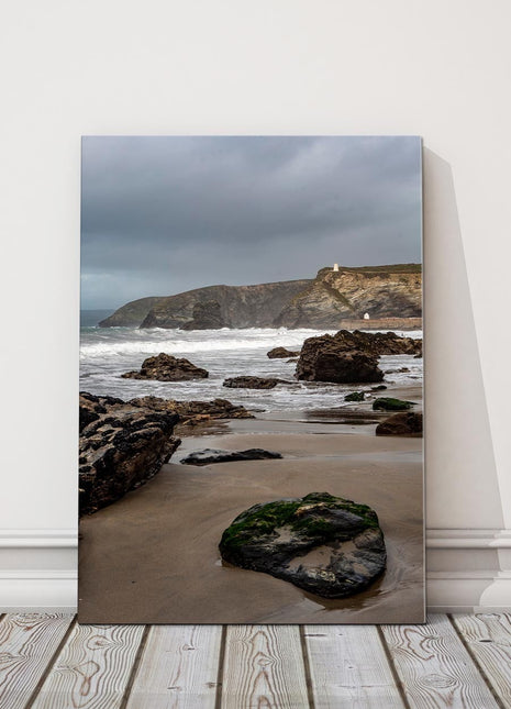 Portreath Beach and harbour storm portrait canvas picture print cornwall