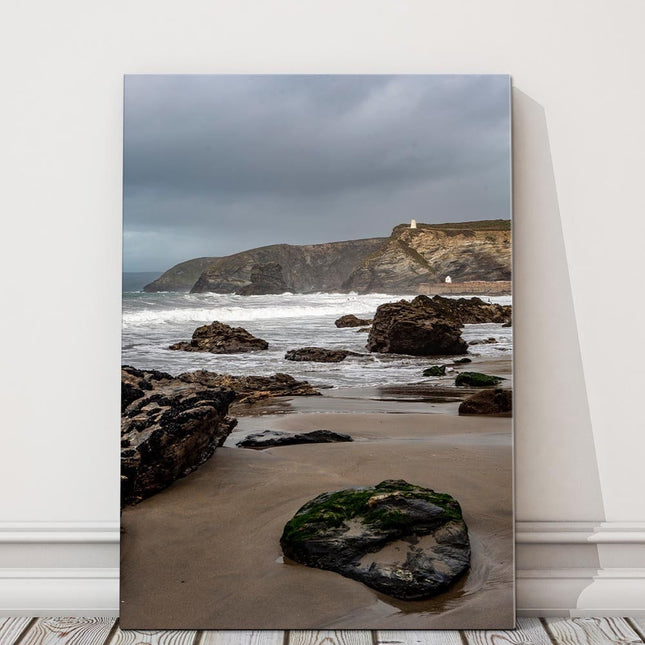 Portreath Beach and harbour storm portrait canvas picture print cornwall